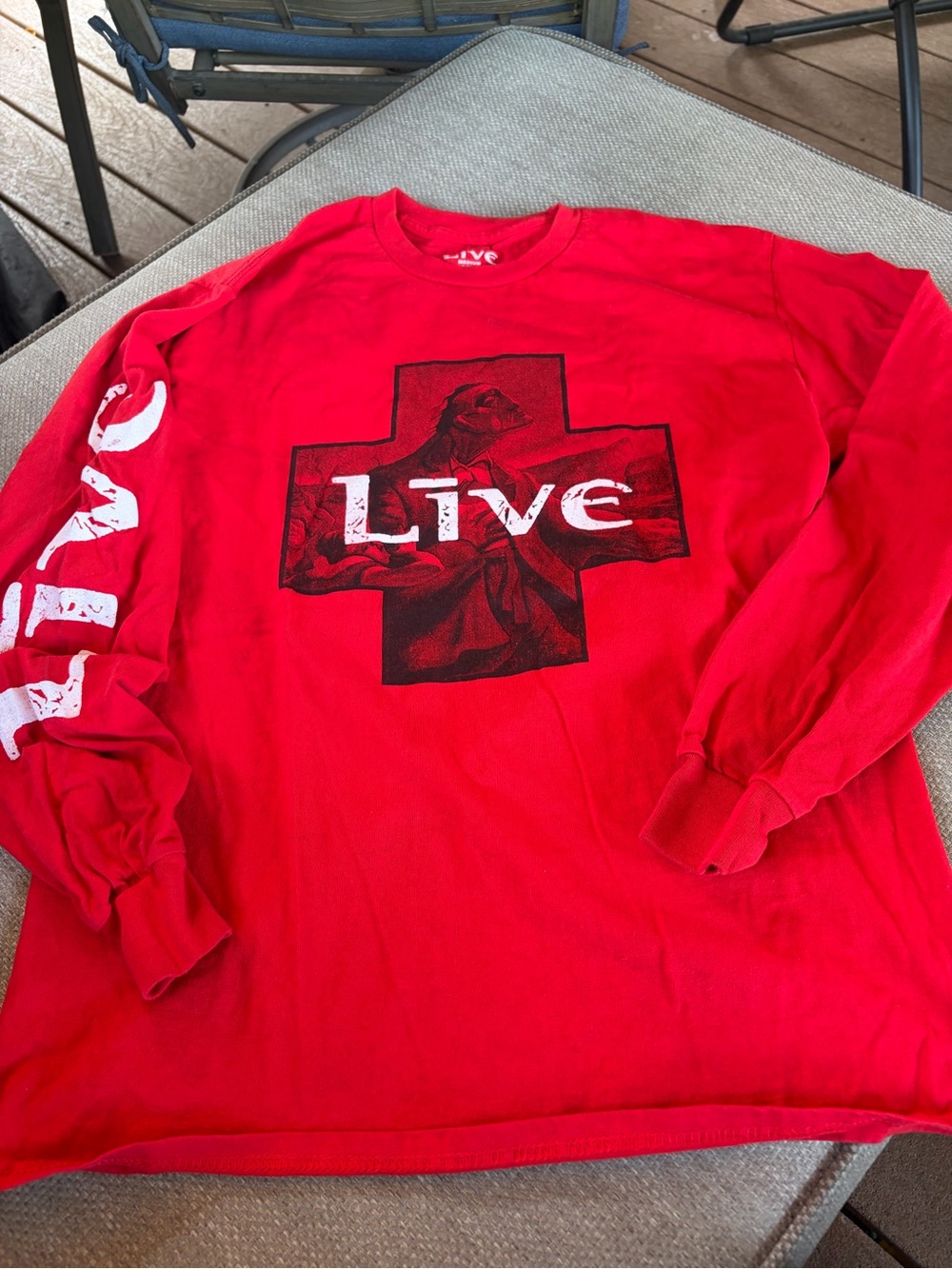 LIVE Red Long Sleeve Graphic Band Tee with Cross Logo- medium